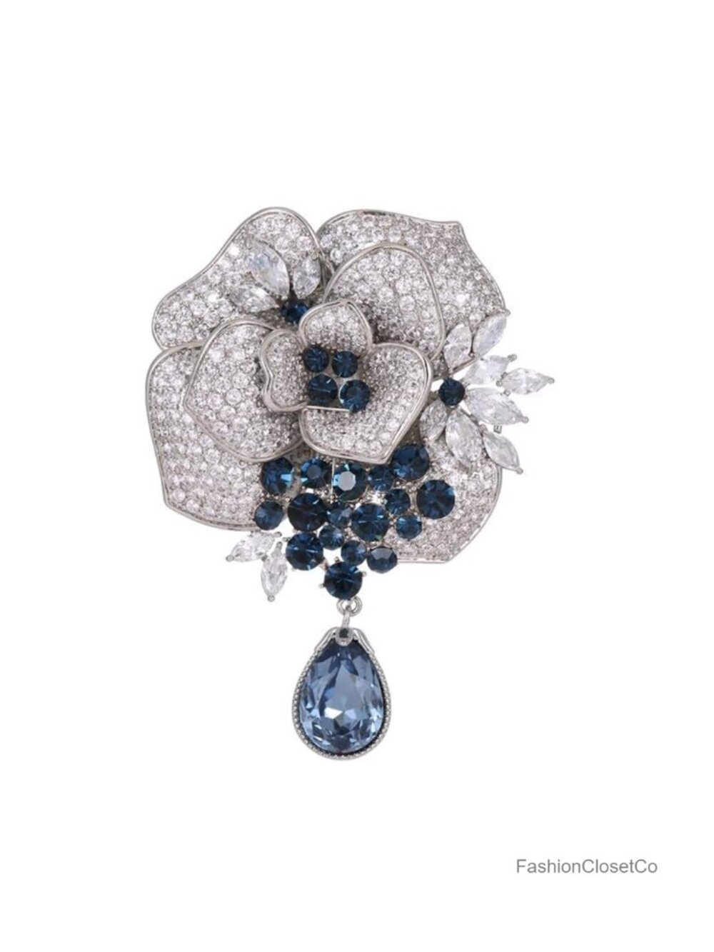 Crystal Rose Flower Brooch Pin Teardrop Pendant Silver Tone Wedding Formal